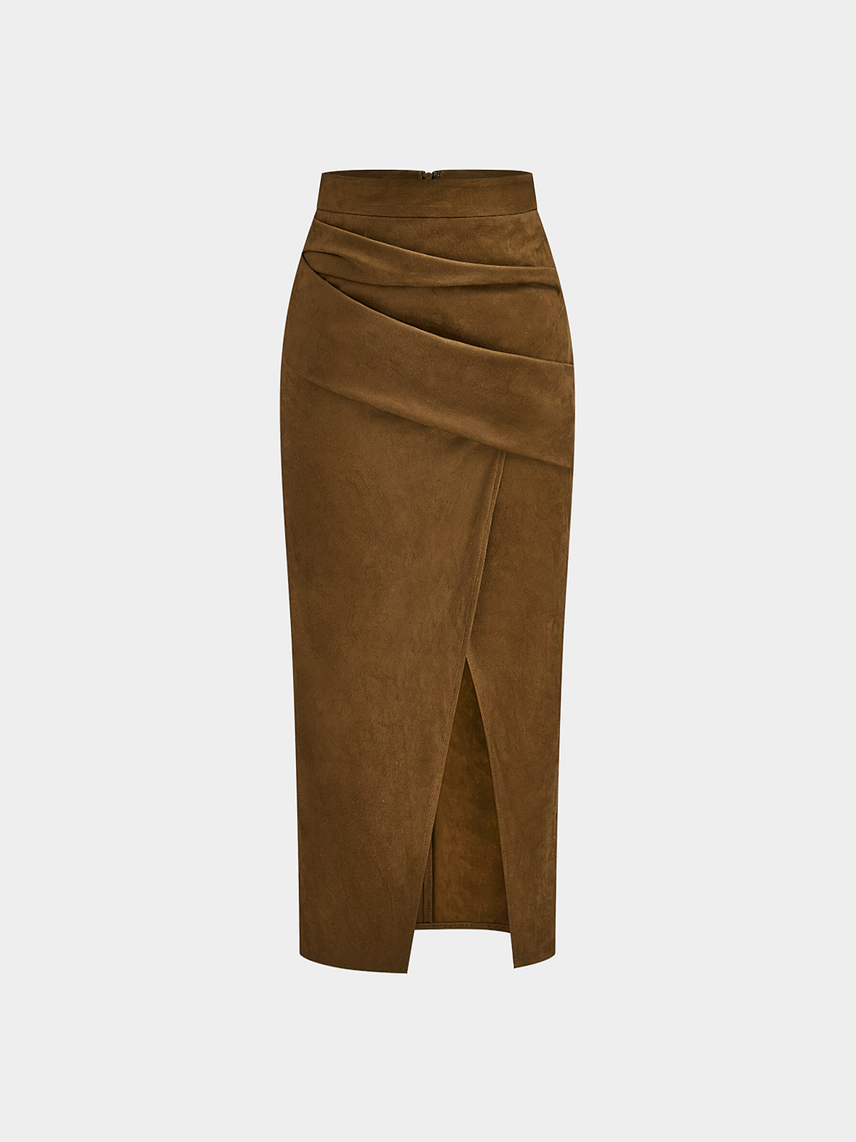 Draped Slit Suede Effect Midi Skirt - Image 10